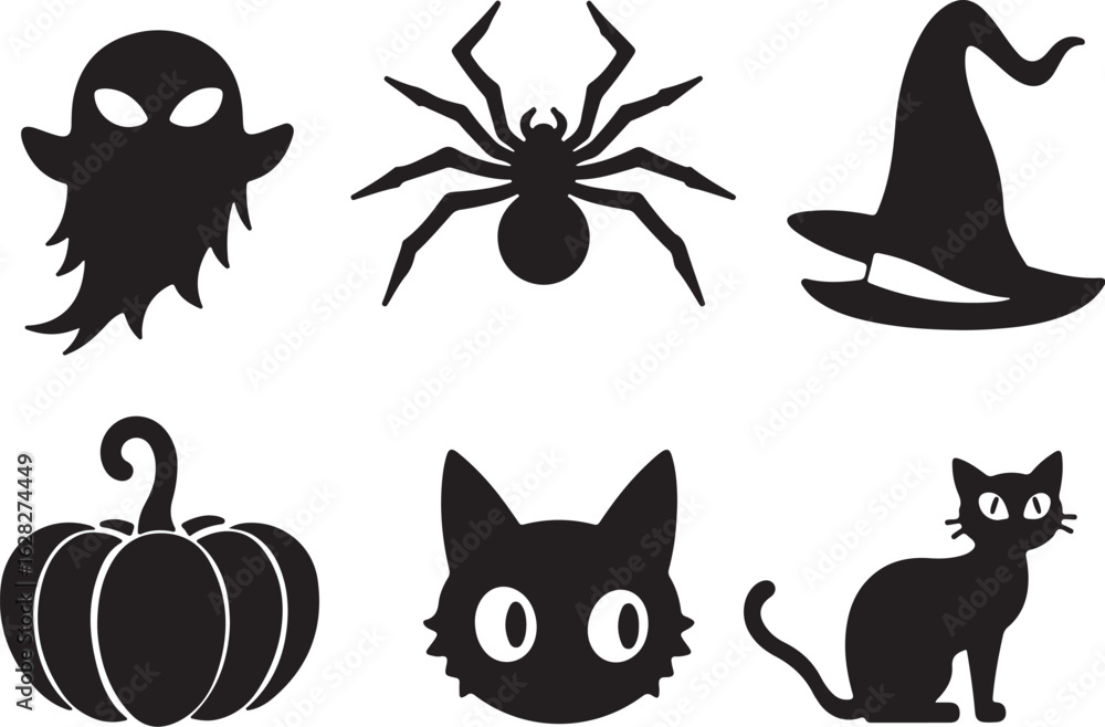 Fototapeta premium Spooky Halloween silhouettes featuring ghost, spider, cat, pumpkin, hat