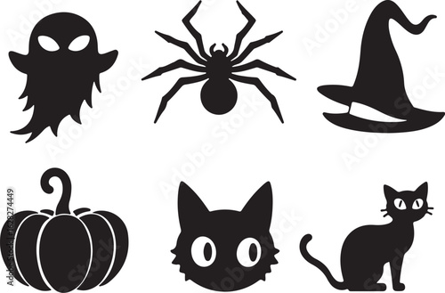 Spooky Halloween silhouettes featuring ghost, spider, cat, pumpkin, hat