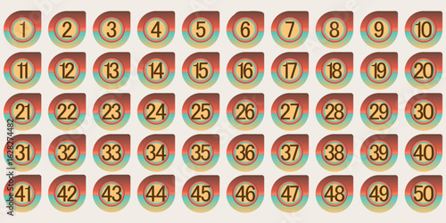 Retro Number Icons 1–50 – Vintage Teardrop Labels with Warm Gradient Colors for Infographics, UI, and Print Design