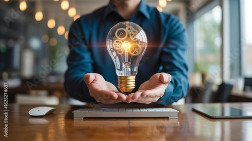 Man presenting a bright light bulb with gears, representing a brilliant business idea