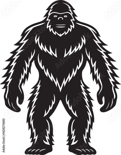 Black and white Bigfoot illustration with shaggy fur