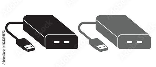 Power Bank Icons. USB-Connected Charging Devices in Black and Gray for Tech UI, E-Commerce, and Infographics.