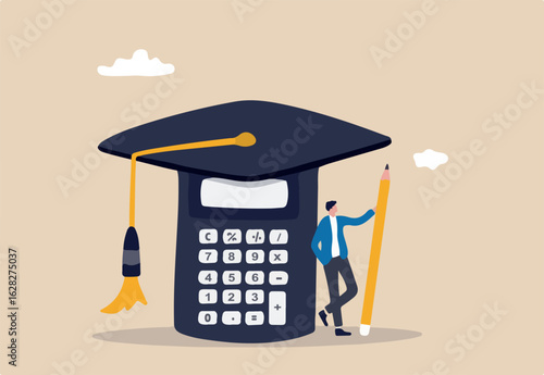 Student loan calculation, education budget allocation, university expense and debt pay off or scholarship payment concept, graduated student standing with mortar board hat calculator.