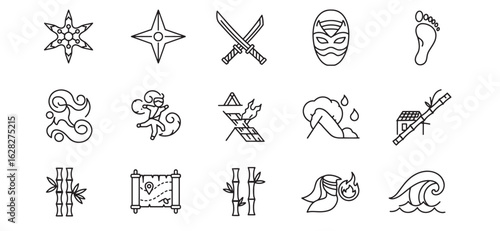 Illustrated vector elements of japanese culture and ninja imagery on a white background