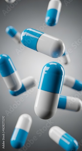 Numerous blue and white pharmaceutical capsules are falling against a neutral grey background, depicting a concept of medical treatment and health solutions
