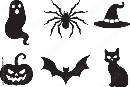 Spooky Halloween silhouettes: Ghost, spider, pumpkin, cat and witch hat