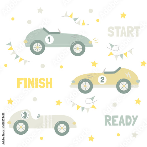 A set of cute funny racing cars for boys. Simple flat style. in pastel colors