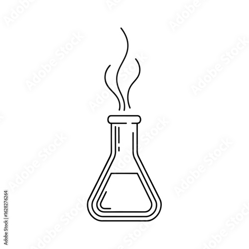A line drawing of a flask with liquid inside, emitting smoke or vapor.