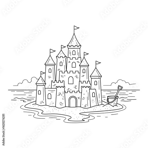 A black and white illustration of a large sandcastle, resembling a medieval castle, on a small island.