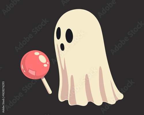 Minimalistic ghost holding a red lollipop with an innocent expression, floating on a black background. Halloween treat style. Vector illustration.