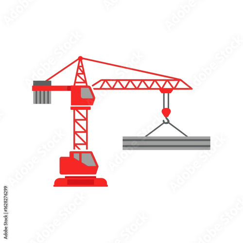 Red construction crane lifting a metal beam against a white background.