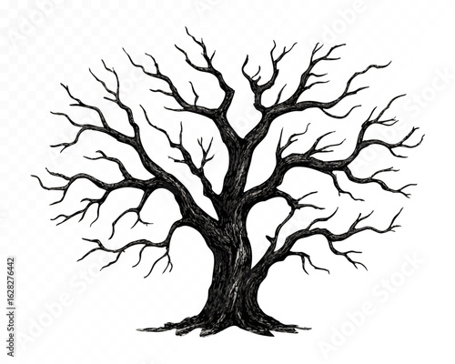 Detailed watercolor spooky tree with twisted bare branches, perfect for eerie autumn or Halloween designs. Strong silhouette. Vector illustration.