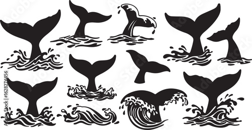 Collection of Black Silhouette Whale Tails Splashing in Water Waves fluke ocean