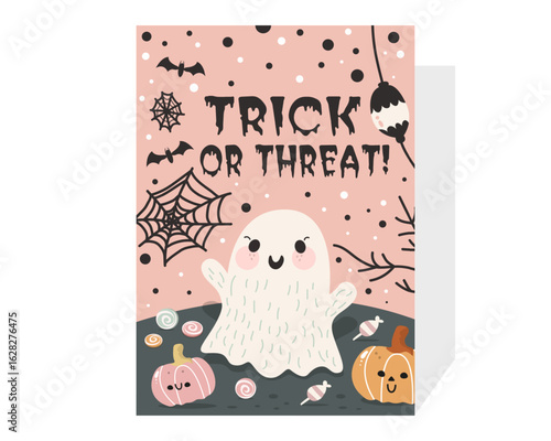 Halloween greeting card with cute ghost, pumpkins, spiderweb, bats and phrase “Trick or Threat!” in playful pink tones. Vector illustration.
