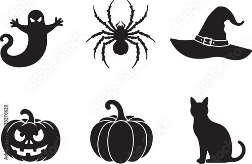 Spooky Halloween silhouettes with ghost, spider, pumpkins and black cat