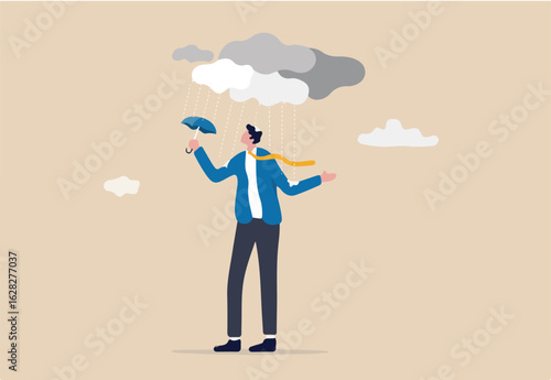 Wrong decision or business mistake causing failure, risk management or unlucky problem and trouble concept, soaked misfortune businessman with too small umbrella protection in strong raining storm.