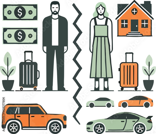 Couple dividing assets during separation with money house cars and luggage