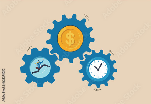 Effort and time to make money, success long term investment, deadline effect to make people finish work concept, businessman running with full effort inside gear cogs to spin time and money gears.