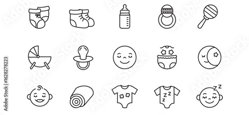 Simple black and white baby items icon set with cute baby face illustrations