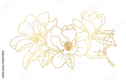 Golden magnolia flowers line art isolated on white background. Luxury magnolia floral design elements for invitation, wedding, wallpaper, print template, vector illustration