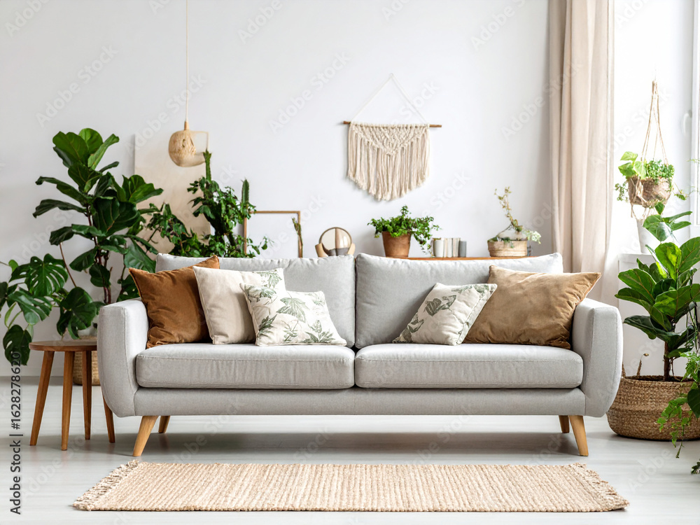 Obraz premium Photorealistic Minimalist Living Room with Grey Linen Sofa, Botanical Accents, and Indoor Plants in Natural Light