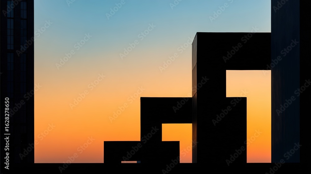Fototapeta premium Silhouette of modern architecture against a vibrant sunset sky.