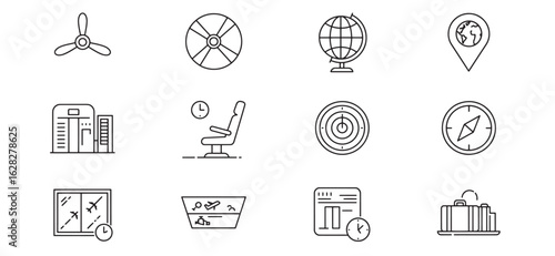 Simple black and white travel and aviation themed line icon set on white background