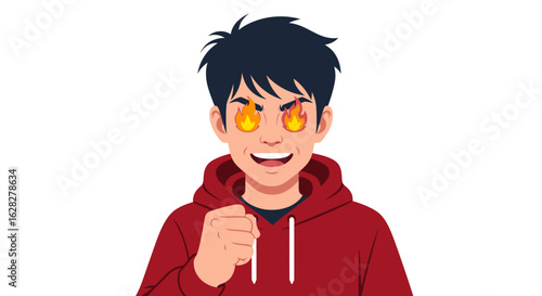 Fired up man in red hoodie with flames in his eyes shows determination and passion