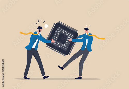 Semiconductor and computer chip supply chain shortage due to Coronavirus COVID-19 pandemic, electronics manufacturing problem concept, businessman tug of war fighting to get computer chip.