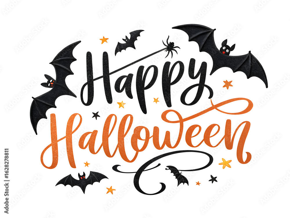 Fototapeta premium Happy Halloween Greeting with Bats and Halloween Elements - Festive Wall Decoration on transparent background