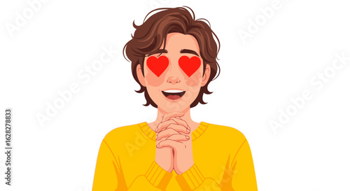 Infatuated young person with hearts in eyes, expressing love and positive emotion
