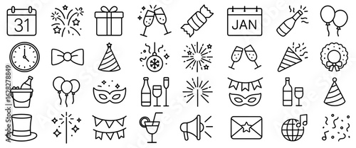 Festive celebration icon set offering a diverse range of party symbols for graphic design needs perfect for new year's eve christmas or birthday invitations and event decoration