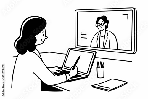 Middle-aged Latina woman using laptop for business learning purposes, watching video from a virtual webinar training meeting, writing notes. Focused entrepreneur working in office. Copy space