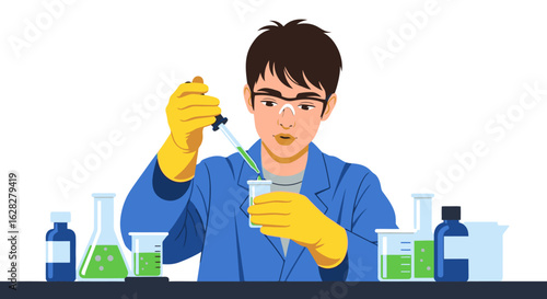 Young scientist conducting experiment with dropper in laboratory for scientific research