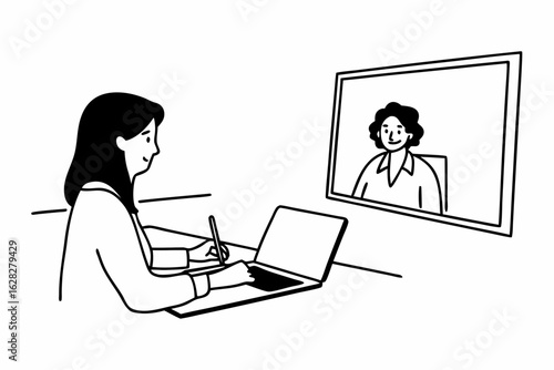 Middle-aged Latina woman using laptop for business learning purposes, watching video from a virtual webinar training meeting, writing notes. Focused entrepreneur working in office. Copy space