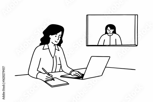 Middle-aged Latina woman using laptop for business learning purposes, watching video from a virtual webinar training meeting, writing notes. Focused entrepreneur working in office. Copy space