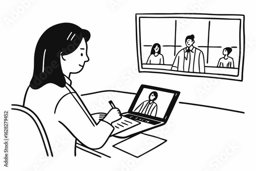 Middle-aged Latina woman using laptop for business learning purposes, watching video from a virtual webinar training meeting, writing notes. Focused entrepreneur working in office. Copy space