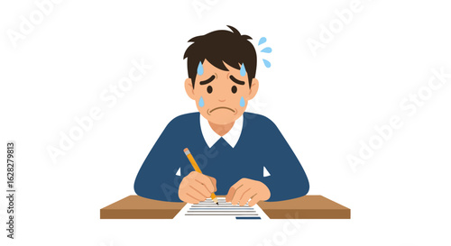 Stressed student sweating while taking challenging test, feeling anxious and pressured