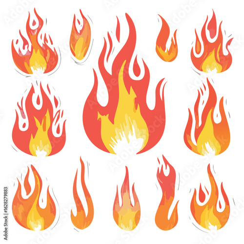 Collection of hand-drawn fire flame illustrations. Set of vibrant red and yellow bonfire icons representing heat, energy, and passion.