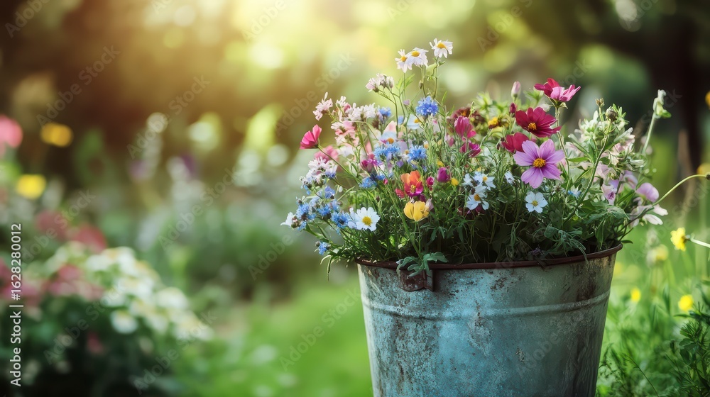 Naklejka premium Blue bucket filled with a colorful assortment of flowers