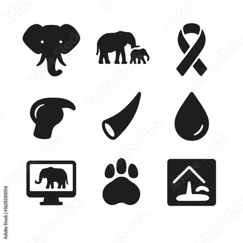 Vector icons for elephant conservation, anti-poaching awareness, and endangered wildlife protection.