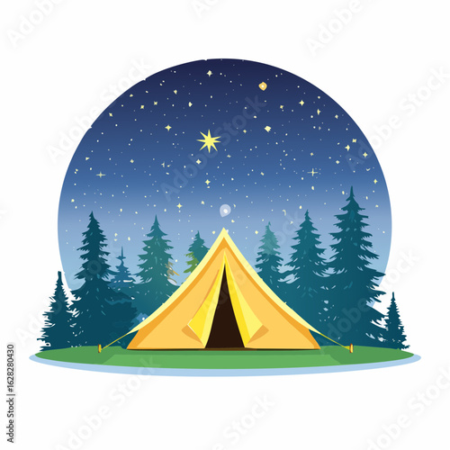 a tourist tent glows on the night taiga and starry sky 