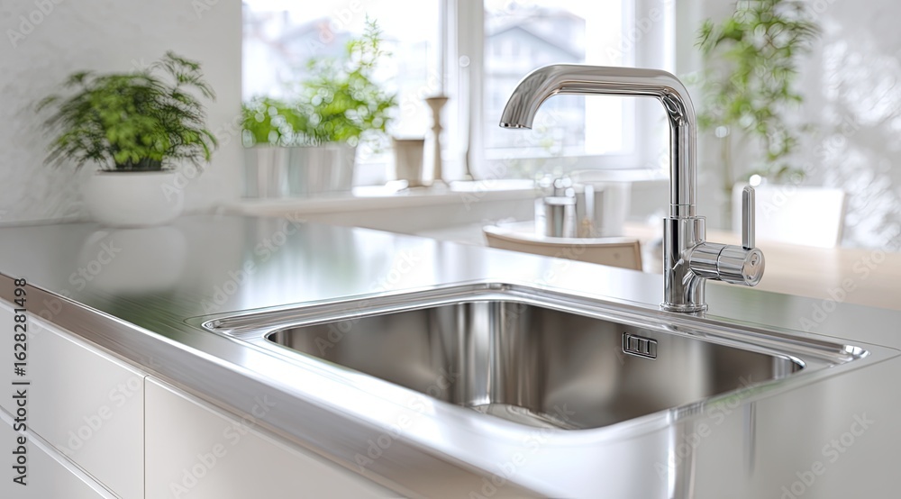 Sleek stainless steel kitchen sink with modern faucet, bright white cabinetry and greenery Sleek stainless steel kitchen sink with modern faucet, bright white cabinetry and greenery