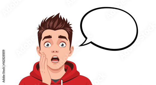 Shocked young man with open mouth and speech bubble for your text or message