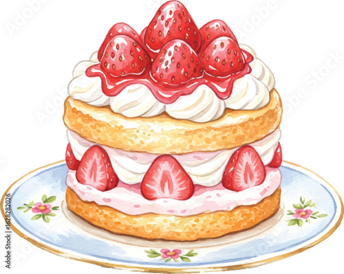Watercolor Delicious Strawberry Shortcake Dessert on a Plate Sweet Illustration