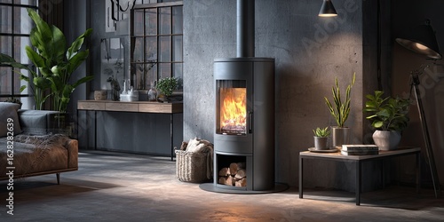Cozy loft space with a modern wood-burning stove