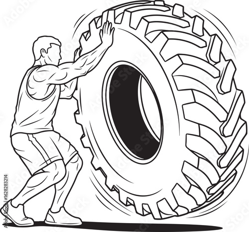 muscular man performing a tire flip strength training exercise to build power and endurance.