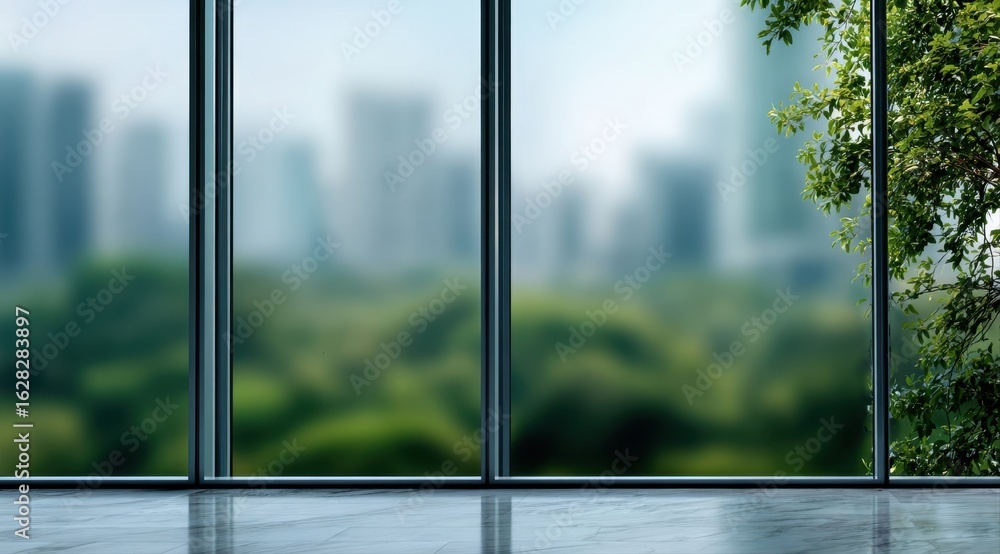 Fototapeta premium Empty modern office interior with large windows overlooking a blurred cityscape and green park.