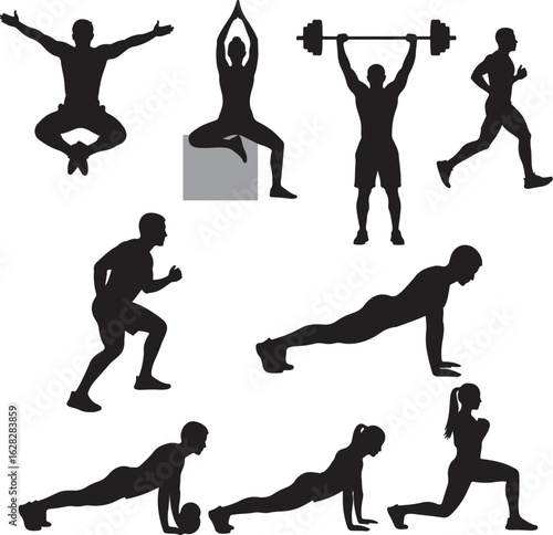 Silhouettes of people performing various exercises including lunges planks running and yoga in a group.