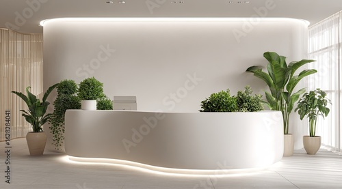 Modern, minimalist reception desk with abundant greenery